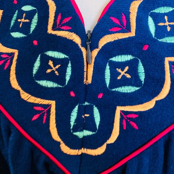 Appel Southwestern Blue Robe Petite Size M Retro Style Embroidered VTG Bathrobe - Picture 5 of 14